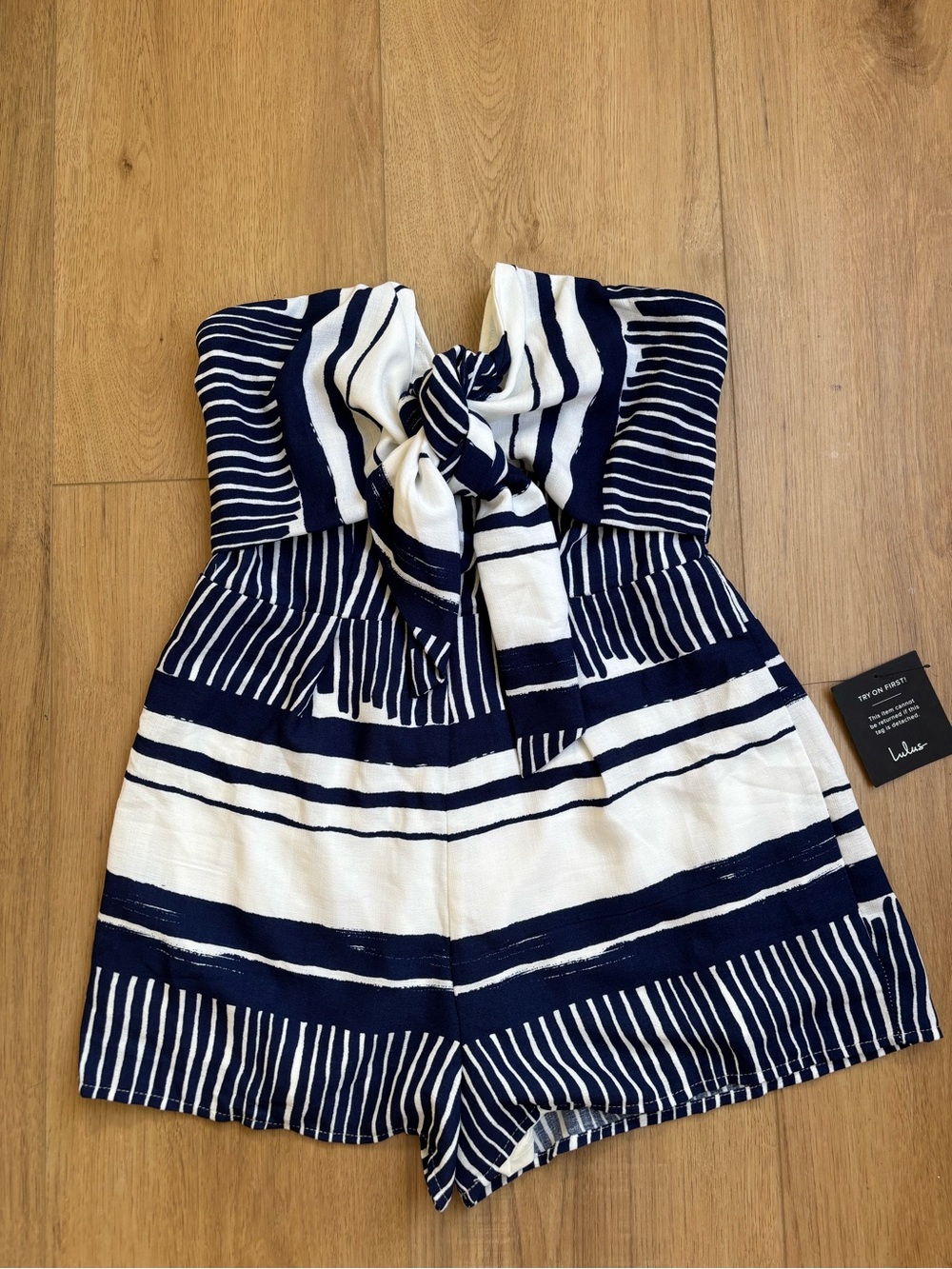 Lulu's Navy and White Stripe Strapless Romper with Front Knot Womens Small